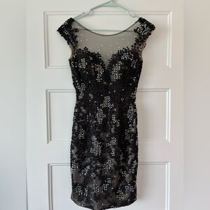Jovani hand beaded cocktail homecoming mini dress size 00 black lace rhinestones